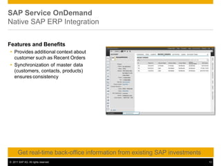SAP Service OnDemand
Native SAP ERP Integration
Features and Benefits
 Provides additional context about
customer such as Recent Orders
 Synchronization of master data
(customers, contacts, products)
ensures consistency
Get real-time back-office information from existing SAP investments
© 2011 SAP AG. All rights reserved. 13
 