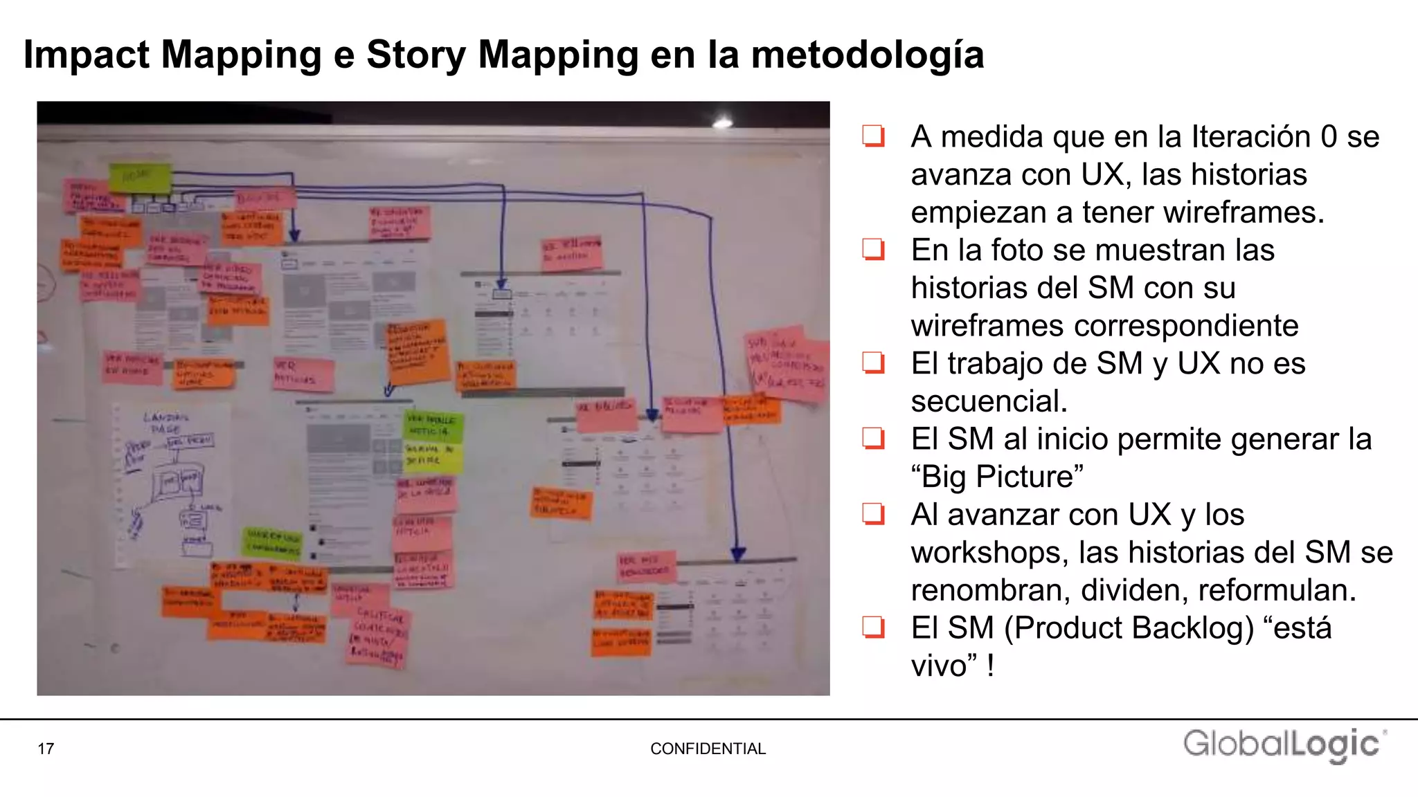 17 CONFIDENTIAL
Impact Mapping e Story Mapping en la metodología
❏ A medida que en la Iteración 0 se
avanza con UX, las historias
empiezan a tener wireframes.
❏ En la foto se muestran las
historias del SM con su
wireframes correspondiente
❏ El trabajo de SM y UX no es
secuencial.
❏ El SM al inicio permite generar la
“Big Picture”
❏ Al avanzar con UX y los
workshops, las historias del SM se
renombran, dividen, reformulan.
❏ El SM (Product Backlog) “está
vivo” !
 