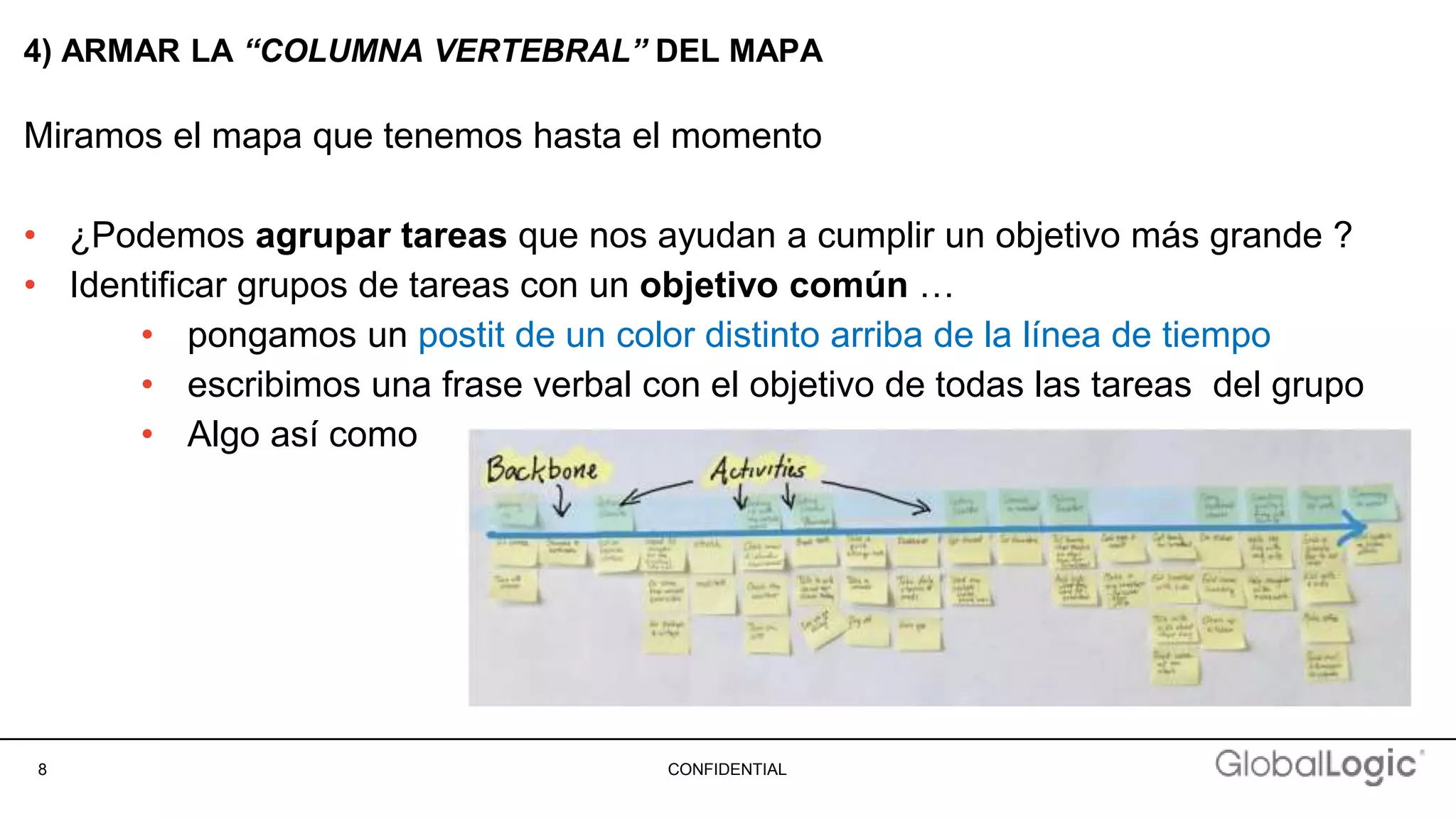 8 CONFIDENTIAL
4) ARMAR LA “COLUMNA VERTEBRAL” DEL MAPA
Miramos el mapa que tenemos hasta el momento
• ¿Podemos agrupar tareas que nos ayudan a cumplir un objetivo más grande ?
• Identificar grupos de tareas con un objetivo común …
• pongamos un postit de un color distinto arriba de la línea de tiempo
• escribimos una frase verbal con el objetivo de todas las tareas del grupo
• Algo así como
 