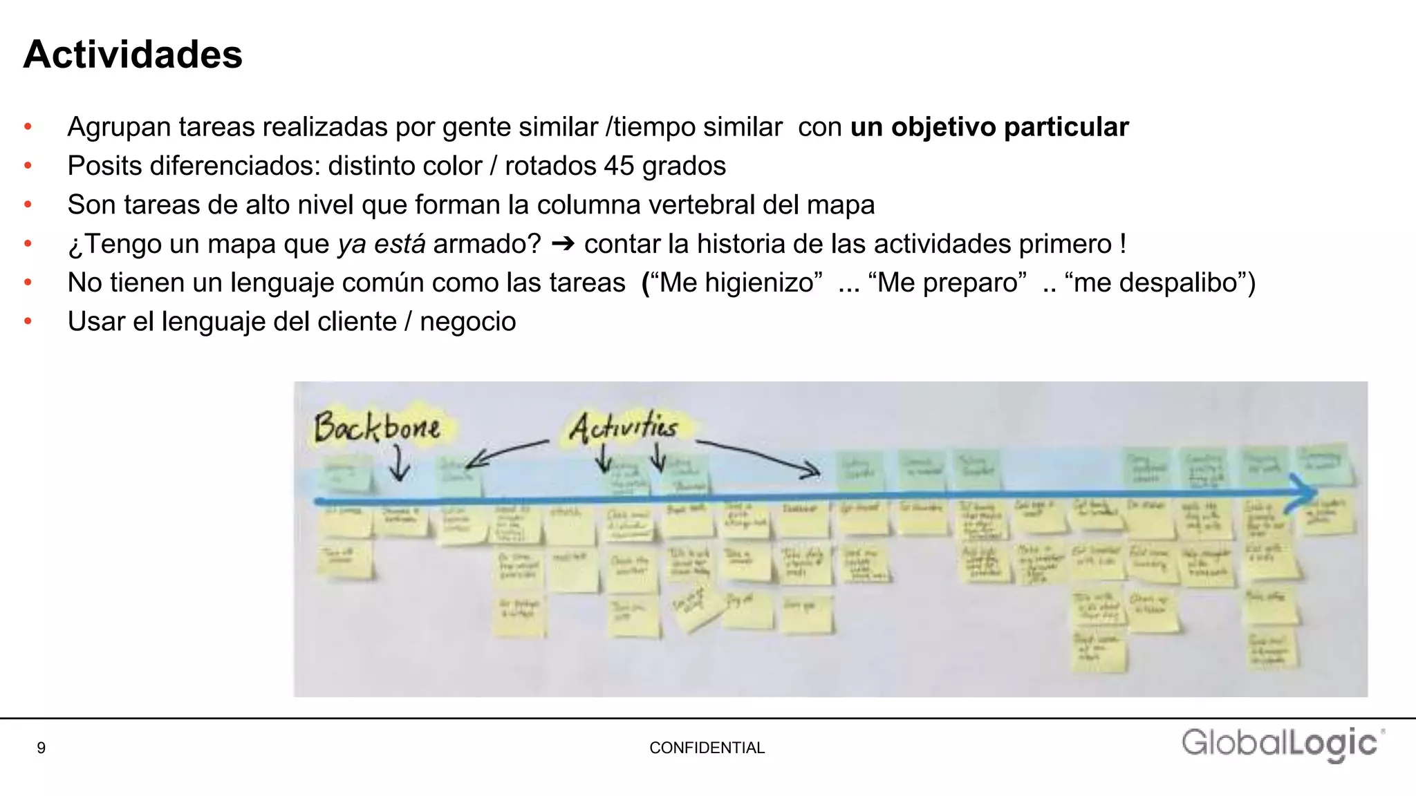 9 CONFIDENTIAL
Actividades
• Agrupan tareas realizadas por gente similar /tiempo similar con un objetivo particular
• Posits diferenciados: distinto color / rotados 45 grados
• Son tareas de alto nivel que forman la columna vertebral del mapa
• ¿Tengo un mapa que ya está armado? ➔ contar la historia de las actividades primero !
• No tienen un lenguaje común como las tareas (“Me higienizo” ... “Me preparo” .. “me despalibo”)
• Usar el lenguaje del cliente / negocio
 
