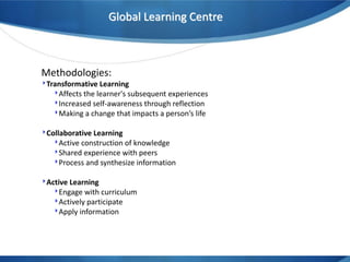 Global Learning Centre

Methodologies:

‣Transformative Learning
‣Affects the learner's subsequent experiences
‣Increased self-awareness through reflection
‣Making a change that impacts a person’s life
‣Collaborative Learning
‣Active construction of knowledge
‣Shared experience with peers
‣Process and synthesize information

‣Active Learning
‣Engage with curriculum
‣Actively participate
‣Apply information

 