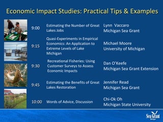 Economic Impact Studies: Practical Tips & Examples 9:00 Estimating the Number of Great Lakes Jobs Lynn  Vaccaro Michigan Sea Grant 9:15 Quasi-Experiments in Empirical Economics: An Application to  Extreme Levels of Lake Michigan Michael Moore University of Michigan 9:30 Recreational Fisheries: Using Customer Surveys to Assess Economic Impacts   Dan O’Keefe Michigan Sea Grant Extension 9:45 Estimating the Benefits of Great Lakes Restoration Jennifer Read Michigan Sea Grant 10:00 Words of Advice, Discussion Chi-Ok Oh Michigan State University 