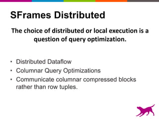 SFrames Distributed
• Distributed Dataflow
• Columnar Query Optimizations
• Communicate columnar compressed blocks
rather than row tuples.
The choice of distributed or local execution is a
question of query optimization.
 