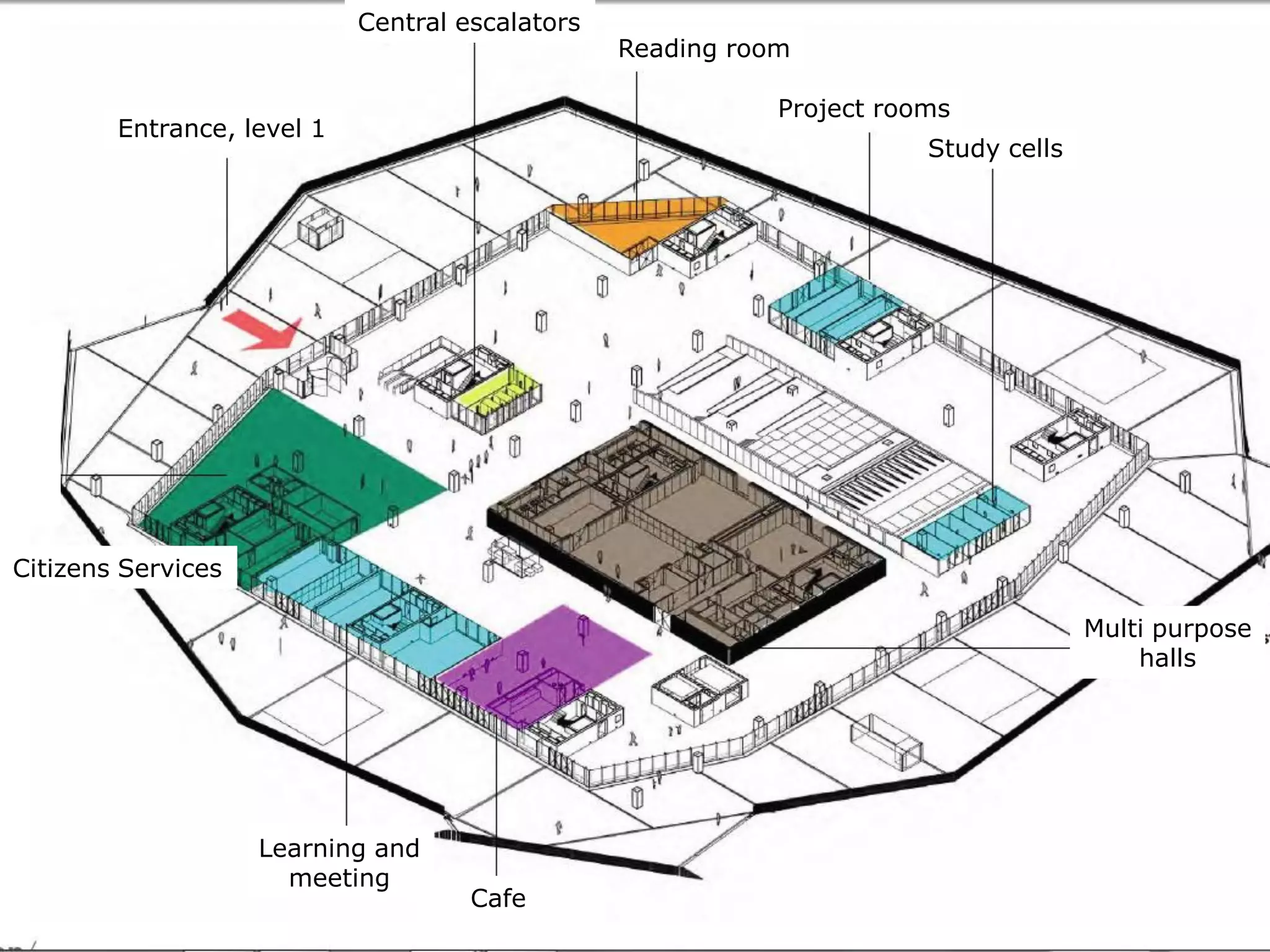 Central escalators
                                                        Reading room

                                                                   Project rooms
               Entrance, level 1
                                                                              Study cells
Reading room




       Citizens Services

                                                                                            Multi purpose
                                                                                                halls




                           Learning and
                             meeting
                                            Cafe
 