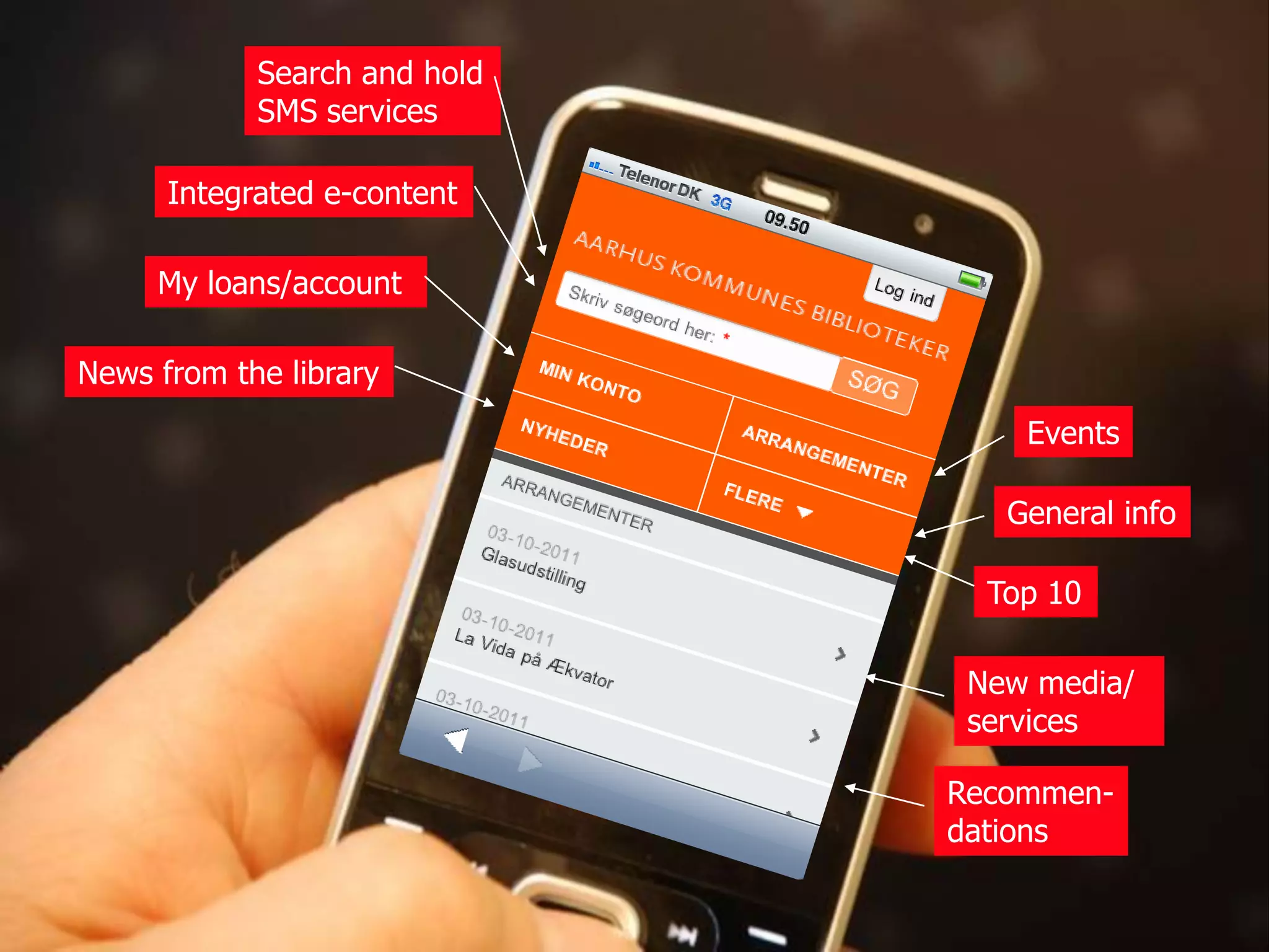 Search and hold
            SMS services

      Integrated e-content

     My loans/account

News from the library
                                  Events

                                 General info

                                Top 10

                               New media/
                               services

                              Recommen-
                              dations
 