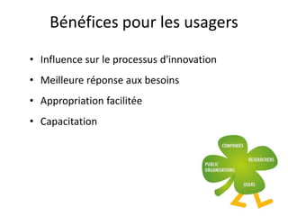 Bénéfices pour les usagers
• Influence sur le processus d'innovation
• Meilleure réponse aux besoins
• Appropriation facilitée
• Capacitation
 