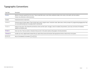 General Ledger Allocation Cycle
PUBLIC 15
Typographic Conventions
Type Style Description
Example Words or characters quoted from the screen. These include field names, screen titles, pushbuttons labels, menu names, menu paths, and menu options.
Textual cross-references to other documents.
Example Emphasized words or expressions.
EXAMPLE Technical names of system objects. These include report names, program names, transaction codes, table names, and key concepts of a programming language when they
are surrounded by body text, for example, SELECT and INCLUDE.
Example Output on the screen. This includes file and directory names and their paths, messages, names of variables and parameters, source text, and names of installation,
upgrade and database tools.
Example Exact user entry. These are words or characters that you enter in the system exactly as they appear in the documentation.
<Example> Variable user entry. Angle brackets indicate that you replace these words and characters with appropriate entries to make entries in the system.
EXAMPLE Keys on the keyboard, for example, F2 or ENTER .
 