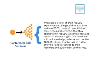 When people think of their AIESEC
experience and the good time that they
had in AIESEC, many of them think of
conferences and seminars that they
attend within AIESEC. At conferences and
seminars, members gain functional and
soft skill knowledge, network and live the
AIESEC culture. It is the task of TM to
offer the right workshops to their
members and guide them on their way.
{
 