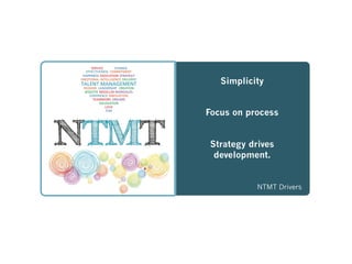 Simplicity
Focus on process
Strategy drives
development.
NTMT Drivers
 