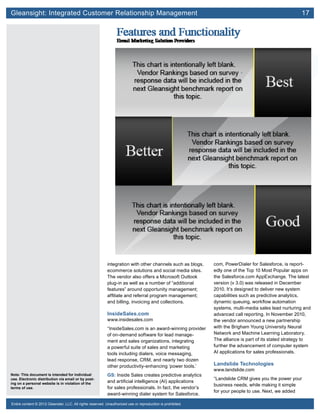 Gleansight: Integrated Customer Relationship Management	 17
Note: This document is intended for individual
use. Electronic distribution via email or by post-
ing on a personal website is in violation of the
terms of use.
Entire content © 2012 Gleanster, LLC. All rights reserved. Unauthorized use or reproduction is prohibited.
integration with other channels such as blogs,
ecommerce solutions and social media sites.
The vendor also offers a Microsoft Outlook
plug-in as well as a number of “additional
features” around opportunity management;
affiliate and referral program management;
and billing, invoicing and collections.
InsideSales.com
www.insidesales.com
“InsideSales.com is an award-winning provider
of on-demand software for lead manage-
ment and sales organizations, integrating
a powerful suite of sales and marketing
tools including dialers, voice messaging,
lead response, CRM, and nearly two dozen
other productivity-enhancing ‘power tools.’
GS: Inside Sales creates predictive analytics
and artificial intelligence (AI) applications
for sales professionals. In fact, the vendor’s
award-winning dialer system for Salesforce.
com, PowerDialer for Salesforce, is report-
edly one of the Top 10 Most Popular apps on
the Salesforce.com AppExchange. The latest
version (v 3.0) was released in December
2010. It’s designed to deliver new system
capabilities such as predictive analytics,
dynamic queuing, workflow automation
systems, multi-media sales lead nurturing and
advanced call reporting. In November 2010,
the vendor announced a new partnership
with the Brigham Young University Neural
Network and Machine Learning Laboratory.
The alliance is part of its stated strategy to
further the advancement of computer system
AI applications for sales professionals.
Landslide Technologies
www.landslide.com
“Landslide CRM gives you the power your
business needs, while making it simple
for your people to use. Next, we added
 