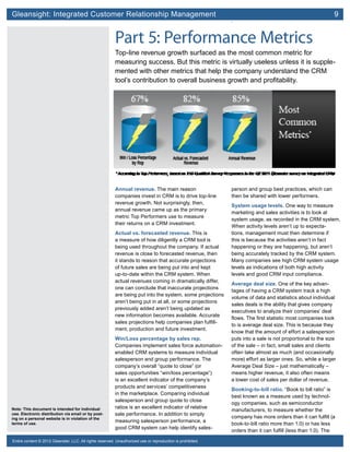Gleansight: Integrated Customer Relationship Management	 9
Note: This document is intended for individual
use. Electronic distribution via email or by post-
ing on a personal website is in violation of the
terms of use.
Entire content © 2012 Gleanster, LLC. All rights reserved. Unauthorized use or reproduction is prohibited.
  .
Part 5: Performance Metrics
Top-line revenue growth surfaced as the most common metric for
measuring success. But this metric is virtually useless unless it is supple-
mented with other metrics that help the company understand the CRM
tool’s contribution to overall business growth and profitability.
Annual revenue. The main reason
companies invest in CRM is to drive top-line
revenue growth. Not surprisingly, then,
annual revenue came up as the primary
metric Top Performers use to measure
their returns on a CRM investment.
Actual vs. forecasted revenue. This is
a measure of how diligently a CRM tool is
being used throughout the company. If actual
revenue is close to forecasted revenue, then
it stands to reason that accurate projections
of future sales are being put into and kept
up-to-date within the CRM system. When
actual revenues coming in dramatically differ,
one can conclude that inaccurate projections
are being put into the system, some projections
aren’t being put in at all, or some projections
previously added aren’t being updated as
new information becomes available. Accurate
sales projections help companies plan fulfill-
ment, production and future investment.
Win/Loss percentage by sales rep.
Companies implement sales force automation-
enabled CRM systems to measure individual
salesperson and group performance. The
company’s overall “quote to close” (or
sales opportunities “win/loss percentage”)
is an excellent indicator of the company’s
products and services’ competitiveness
in the marketplace. Comparing individual
salesperson and group quote to close
ratios is an excellent indicator of relative
sale performance. In addition to simply
measuring salesperson performance, a
good CRM system can help identify sales-
person and group best practices, which can
then be shared with lower performers.
System usage levels. One way to measure
marketing and sales activities is to look at
system usage, as recorded in the CRM system.
When activity levels aren’t up to expecta-
tions, management must then determine if
this is because the activities aren’t in fact
happening or they are happening, but aren’t
being accurately tracked by the CRM system.
Many companies see high CRM system usage
levels as indications of both high activity
levels and good CRM input compliance.
Average deal size. One of the key advan-
tages of having a CRM system track a high
volume of data and statistics about individual
sales deals is the ability that gives company
executives to analyze their companies’ deal
flows. The first statistic most companies look
to is average deal size. This is because they
know that the amount of effort a salesperson
puts into a sale is not proportional to the size
of the sale – in fact, small sales and clients
often take almost as much (and occasionally
more) effort as larger ones. So, while a larger
Average Deal Size – just mathematically –
means higher revenue, it also often means
a lower cost of sales per dollar of revenue.
Booking-to-bill ratio. “Book to bill ratio” is
best known as a measure used by technol-
ogy companies, such as semiconductor
manufacturers, to measure whether the
company has more orders than it can fulfill (a
book-to-bill ratio more than 1.0) or has less
orders than it can fulfill (less than 1.0). The
 