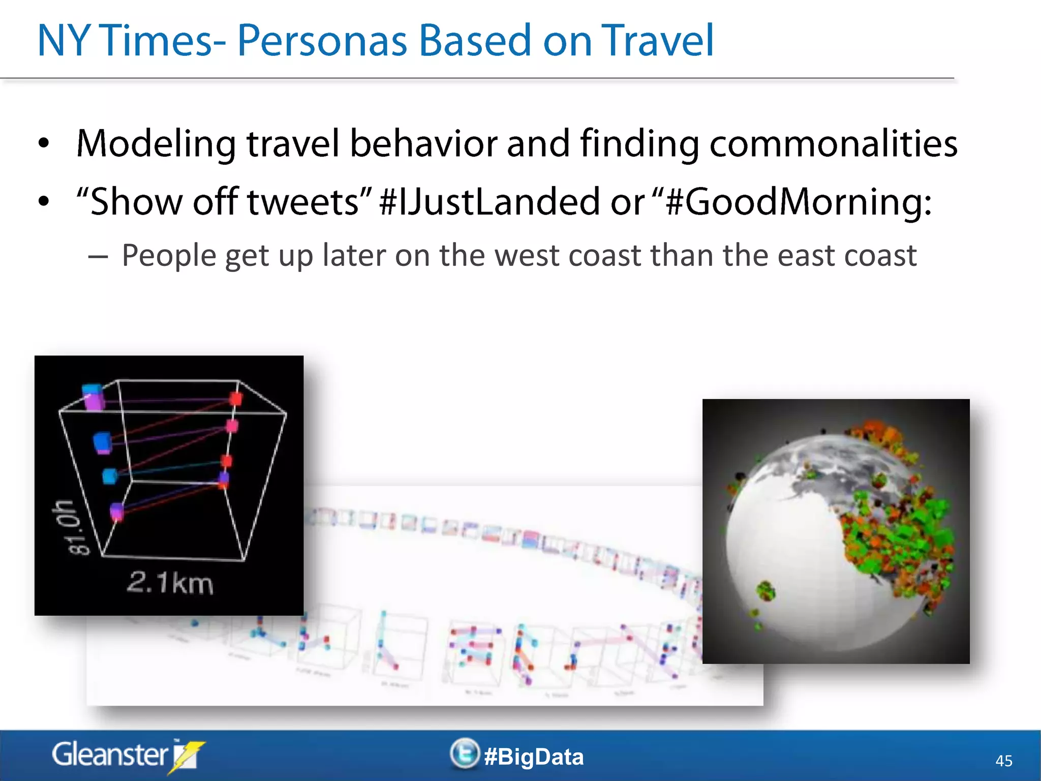 •
•
    – People get up later on the west coast than the east coast




                                #BigData                          45
 