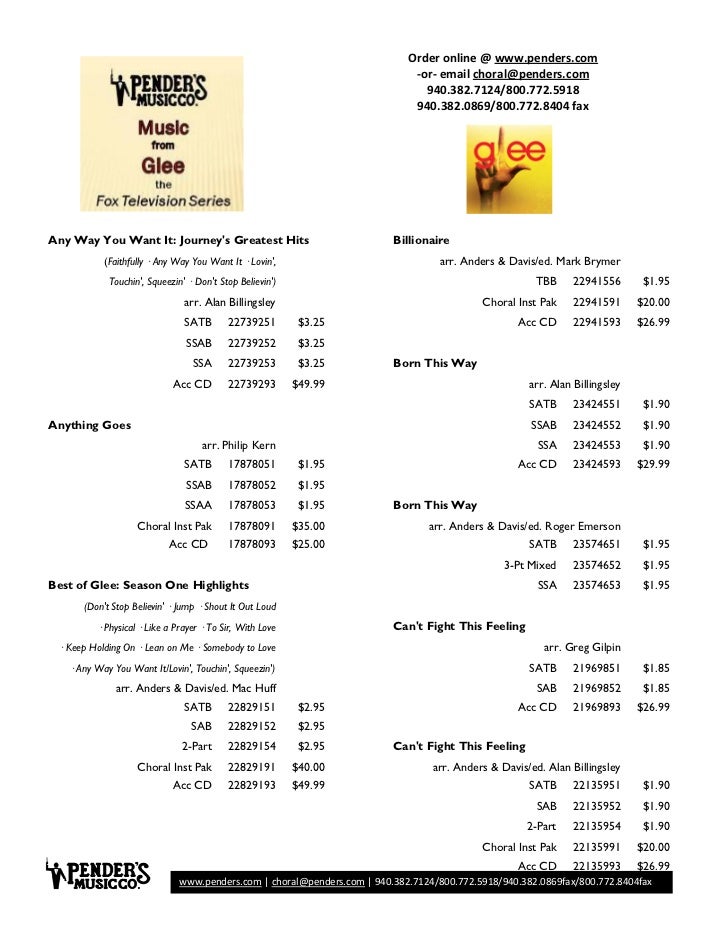glee choral sheet music from the fox tv series pdf penders sheet music