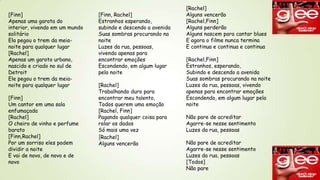 [Finn]
Apenas uma garota do
interior, vivendo em um mundo
solitário
Ela pegou o trem da meianoite para qualquer lugar
[Rachel]
Apenas um garoto urbano,
nascido e criado no sul de
Detroit
Ele pegou o trem da meianoite para qualquer lugar

[Finn]
Um cantor em uma sala
enfumaçada
[Rachel]
O cheiro de vinho e perfume
barato
[Finn,Rachel]
Por um sorriso eles podem
dividir a noite
E vai de novo, de novo e de
novo

[Finn, Rachel]
Estranhos esperando,
subindo e descendo a avenida
Suas sombras procurando na
noite
Luzes da rua, pessoas,
vivendo apenas para
encontrar emoções
Escondendo, em algum lugar
pela noite
[Rachel]
Trabalhando duro para
encontrar meu talento,
Todos querem uma emoção
[Rachel, Finn]
Pagando qualquer coisa para
rolar os dados
Só mais uma vez
[Rachel]
Alguns vencerão

[Rachel]
Alguns vencerão
[Rachel,Finn]
Alguns perderão
Alguns nascem para cantar blues
E agora o filme nunca termina
E continua e continua e continua
[Rachel,Finn]
Estranhos, esperando,
Subindo e descendo a avenida
Suas sombras procurando na noite
Luzes da rua, pessoas, vivendo
apenas para encontrar emoções
Escondendo, em algum lugar pela
noite
Não pare de acreditar
Agarre-se nesse sentimento
Luzes da rua, pessoas
Não pare de acreditar
Agarre-se nesse sentimento
Luzes da rua, pessoas
[Todos]
Não pare

 