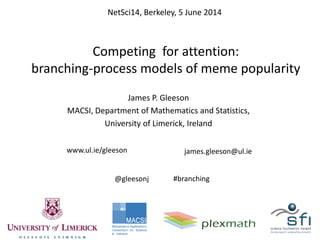 Competing for attention:
branching-process models of meme popularity
James P. Gleeson
MACSI, Department of Mathematics and Statistics,
University of Limerick, Ireland
#branching
www.ul.ie/gleeson james.gleeson@ul.ie
@gleesonj
NetSci14, Berkeley, 5 June 2014
 