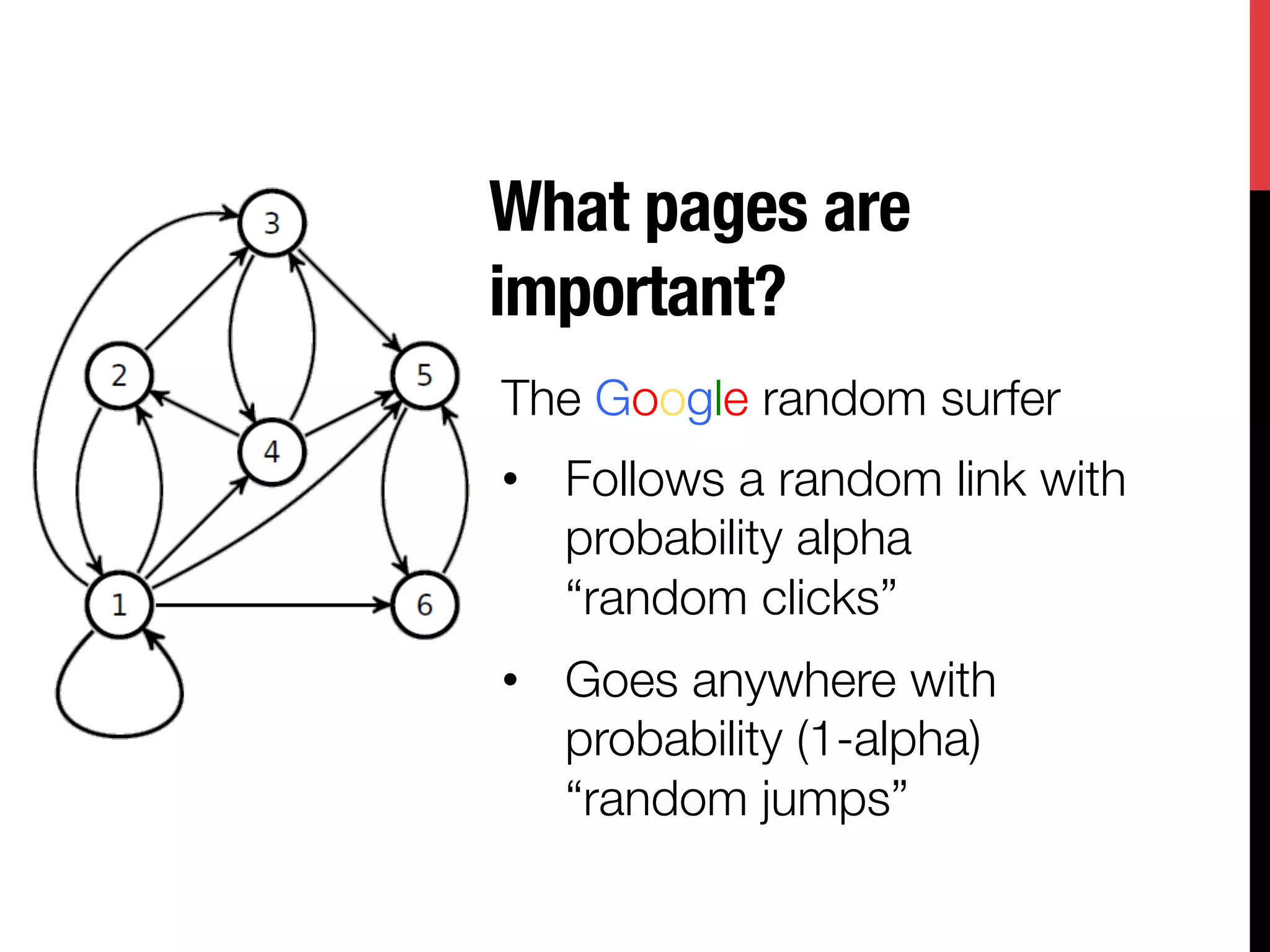 What pages are
important?
The Google random surfer
•  Follows a random link with
   probability alpha"
   “random clicks”
•  Goes anywhere with
   probability (1-alpha)"
   “random jumps”
 