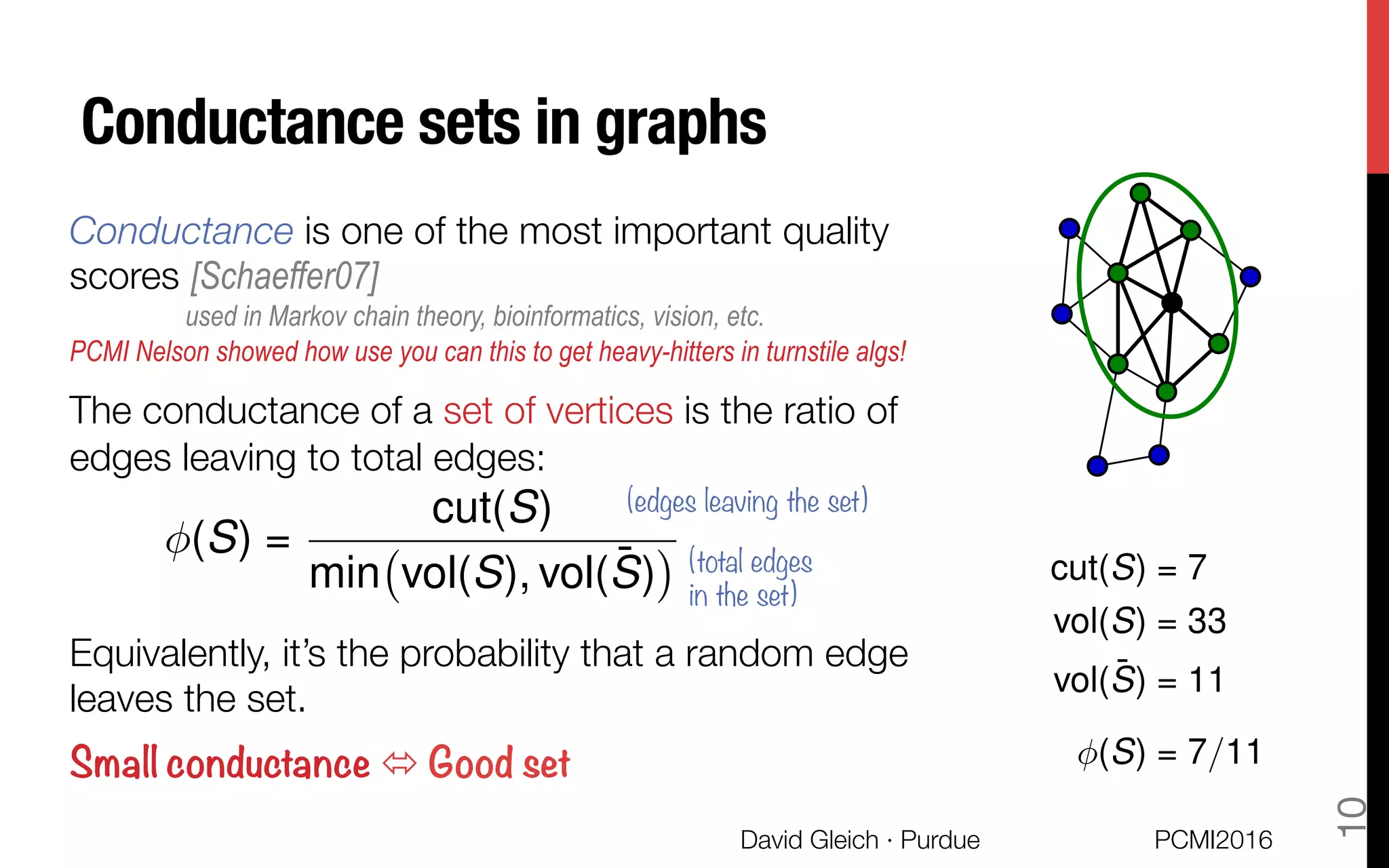 Conductance sets in graphs 
PCMI2016
David Gleich · Purdue 
10
Conductance is one of the most important quality
scores [Schaeffer07]
used in Markov chain theory, bioinformatics, vision, etc.
PCMI Nelson showed how use you can this to get heavy-hitters in turnstile algs!
The conductance of a set of vertices is the ratio of
edges leaving to total edges:


Equivalently, it’s the probability that a random edge
leaves the set.
Small conductance ó Good set
(S) =
cut(S)
min vol(S), vol( ¯S)
(edges leaving the set)
(total edges
in the set)
cut(S) = 7
vol(S) = 33
vol( ¯S) = 11
(S) = 7/11
 