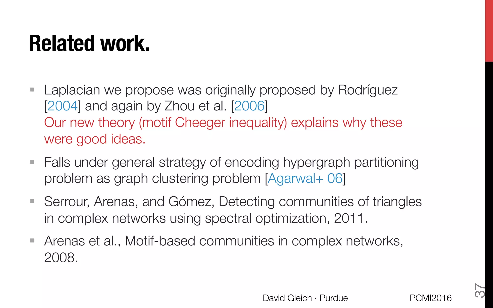 Related work. 
§  Laplacian we propose was originally proposed by Rodríguez
[2004] and again by Zhou et al. [2006]"
Our new theory (motif Cheeger inequality) explains why these
were good ideas.
§  Falls under general strategy of encoding hypergraph partitioning
problem as graph clustering problem [Agarwal+ 06]
§  Serrour, Arenas, and Gómez, Detecting communities of triangles
in complex networks using spectral optimization, 2011.
§  Arenas et al., Motif-based communities in complex networks,
2008.
PCMI2016
David Gleich · Purdue 
37
 