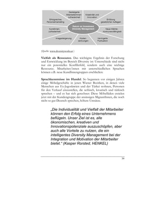 (Quelle: www.diversityworks.at )

Vielfalt als Ressource. Das wichtigste Ergebnis der Forschung
und Entwicklung im Bereich Diversity ist: Unterschiede sind nicht
nur ein potentielles Konfliktfeld, sondern auch eine wichtige
Ressource. Mitarbeiter/innen mit unterschiedlichen Sprachen
können z.B. neue KundInnengruppen erschließen:

Sprachkenntnisse im Handel. So begannen vor einigen Jahren
einige Möbelgeschäfte in jenen Wiener Bezirken, in denen viele
Menschen aus Ex-Jugoslawien und der Türkei wohnen, Personen
für den Verkauf einzustellen, die serbisch, kroatisch und türkisch
sprechen – und es hat sich gerechnet: Diese Möbelläden erzielen
jetzt mit der Kundengruppe der ansässigen MigrantInnen, die noch
nicht so gut Deutsch sprechen, höhere Umsätze.

         „Die Individualität und Vielfalt der Mitarbeiter
         können den Erfolg eines Unternehmens
         beflügeln. Unser Ziel ist es, alle
         ökonomischen, kreativen und
         Innovationspotenziale auszuschöpfen, aber
         auch alle Vorteile zu nutzen, die ein
         intelligentes Diversity Management bei der
         Integration und Motivation der Mitarbeiter
         bietet.“ (Kasper Rorsted, HENKEL)


                                                               39
 