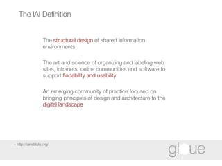 The IAI Definition The  structural design  of shared information environments  The art and science of organizing and labeling web sites, intranets, online communities and software to support  findability and usability An emerging community of practice focused on bringing principles of design and architecture to the  digital landscape ~ http://iainstitute.org/ 