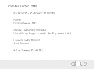 Possible Career Paths IA > Senior IA > IA Manager > IA Director Planner Creative Director, ACD Agency: Traditional or Interactive Internal Group: Large corporation (banking, telecom, etc) Freelance and/or Contract Small Business Author, Speaker, Pundit, Guru 