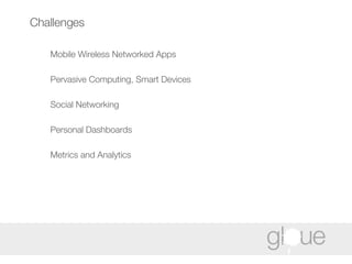 Challenges Mobile Wireless Networked Apps Pervasive Computing, Smart Devices Social Networking Personal Dashboards Metrics and Analytics 