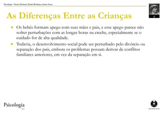 Psicologia – Henry Gleitman, Daniel Reisberg e James Gross
As Diferenças Entre as Crianças
● Os bebês formam apego com suas mães e pais, e esse apego parece não
sofrer perturbações com as longas horas na creche, especialmente se o
cuidado for de alta qualidade.
● Todavia, o desenvolvimento social pode ser perturbado pelo divórcio ou
separação dos pais, embora os problemas possam derivar de conflitos
familiares anteriores, em vez da separação em si.
 