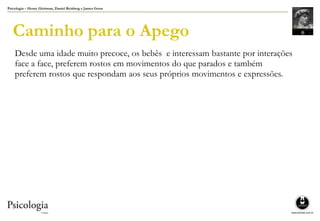 Psicologia – Henry Gleitman, Daniel Reisberg e James Gross
Caminho para o Apego
Desde uma idade muito precoce, os bebês e interessam bastante por interações
face a face, preferem rostos em movimentos do que parados e também
preferem rostos que respondam aos seus próprios movimentos e expressões.
 