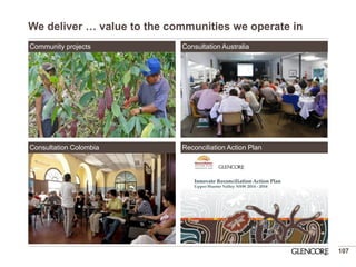 We deliver … value to the communities we operate in 
107 
Community projects 
Consultation Australia 
Consultation Colombia 
Reconciliation Action Plan 
 
