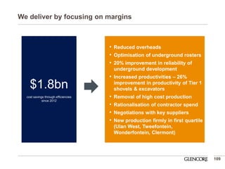 We deliver by focusing on margins 
•Reduced overheads 
•Optimisation of underground rosters 
•20% improvement in reliability of underground development 
•Increased productivities – 26% improvement in productivity of Tier 1 shovels & excavators 
•Removal of high cost production 
•Rationalisation of contractor spend 
•Negotiations with key suppliers 
•New production firmly in first quartile (Ulan West, Tweefontein, Wonderfontein, Clermont) 
109 
$1.8bn 
cost savings through efficiencies 
since 2012  