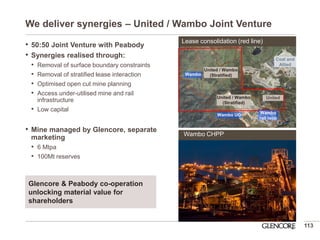 •50:50 Joint Venture with Peabody 
•Synergies realised through: 
•Removal of surface boundary constraints 
•Removal of stratified lease interaction 
•Optimised open cut mine planning 
•Access under-utilised mine and rail infrastructure 
•Low capital 
•Mine managed by Glencore, separate marketing 
•6 Mtpa 
•100Mt reserves 
113 
We deliver synergies – United / Wambo Joint Venture 
Lease consolidation (red line) 
Wambo CHPP 
United 
Coal and Allied 
Wambo 
rail loop 
Wambo UG 
United / Wambo 
(Stratified) 
Wambo 
United / Wambo (Stratified) 
Glencore & Peabody co-operation unlocking material value for shareholders  