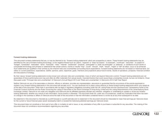 122 
Forward looking statements 
This document contains statements that are, or may be deemed to be, “forward looking statements” which are prospective in nature. These forward looking statements may be identified by the use of forward looking terminology, or the negative thereof such as "plans", "expects" or "does not expect", "is expected", "continues", "assumes", "is subject to", "budget", "scheduled", "estimates", "aims", "forecasts", "risks", "intends", "positioned", "predicts", "anticipates" or "does not anticipate", or "believes", or variations of such words or comparable terminology and phrases or statements that certain actions, events or results "may", "could", "should", “shall”, "would", "might" or "will" be taken, occur or be achieved. Such statements are qualified in their entirety by the inherent risks and uncertainties surrounding future expectations. Forward-looking statements are not based on historical facts, but rather on current predictions, expectations, beliefs, opinions, plans, objectives, goals, intentions and projections about future events, results of operations, prospects, financial condition and discussions of strategy. 
By their nature, forward looking statements involve known and unknown risks and uncertainties, many of which are beyond Glencore’s control. Forward looking statements are not guarantees of future performance and may and often do differ materially from actual results. Important factors that could cause these uncertainties include, but are not limited to, those discussed under “Principal risks and uncertainties” of Glencore’s Annual Report 2013 and “Risks and uncertainties” in Glencore’s 2014 Half-Year Report. 
Neither Glencore nor any of its associates or directors, officers or advisers, provides any representation, assurance or guarantee that the occurrence of the events expressed or implied in any forward-looking statements in this document will actually occur. You are cautioned not to place undue reliance on these forward-looking statements which only speak as of the date of this document. Other than in accordance with its legal or regulatory obligations (including under the UK Listing Rules and the Disclosure and Transparency Rules of the Financial Conduct Authority and the Rules Governing the Listing of Securities on the Stock Exchange of Hong Kong Limited and the Listing Requirements of the Johannesburg Stock Exchange Limited), Glencore is not under any obligation and Glencore and its affiliates expressly disclaim any intention, obligation or undertaking to update or revise any forward looking statements, whether as a result of new information, future events or otherwise. This document shall not, under any circumstances, create any implication that there has been no change in the business or affairs of Glencore since the date of this document or that the information contained herein is correct as at any time subsequent to its date. 
No statement in this document is intended as a profit forecast or a profit estimate and no statement in this document should be interpreted to mean that earnings per Glencore share for the current or future financial years would necessarily match or exceed the historical published earnings per Glencore share. 
This document does not constitute or form part of any offer or invitation to sell or issue, or any solicitation of any offer to purchase or subscribe for any securities. The making of this document does not constitute a recommendation regarding any securities. 
 