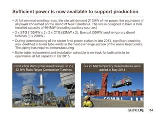 Sufficient power is now available to support production 
•At full nominal smelting rates, the site will demand 215MW of net power, the equivalent of all power consumed on the island of New Caledonia. The site is designed to have a total installed capacity of 404MW (including auxiliary sources) 
•2 x STG (135MW x 2), 2 x CTG (52MW x 2), Enercal (30MW) and temporary diesel turbines (3 x 20MW) 
•During commissioning of the steam fired power station in late 2013, significant cracking was identified in boiler tube welds in the heat exchange section of the waste heat boilers. The piping has required remanufacturing 
•Boiler tube replacement and installation schedule is on track for both units to be operational at full capacity in Q2 2015 
154 
Production start up has relied heavily on 2 x 52 MW Rolls Royce Combustion Turbines 
3 x 20 MW temporary diesel turbines were added in May 2014  