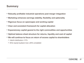 Summary 
•Robustly profitable industrial operations post merger integration 
•Marketing enhances earnings stability, flexibility and optionality 
•Rigorous focus on opex/capex and working capital 
•Clear and consistent framework for capital allocation 
•Expansionary capital geared to the right commodities and opportunities 
•Optimal balance sheet structure for returns, liquidity and cost of capital 
•We will continue to focus on return of excess capital to shareholders 
•interim distribution +11% 
•$1bn equity buyback now c.65% completed 
27  