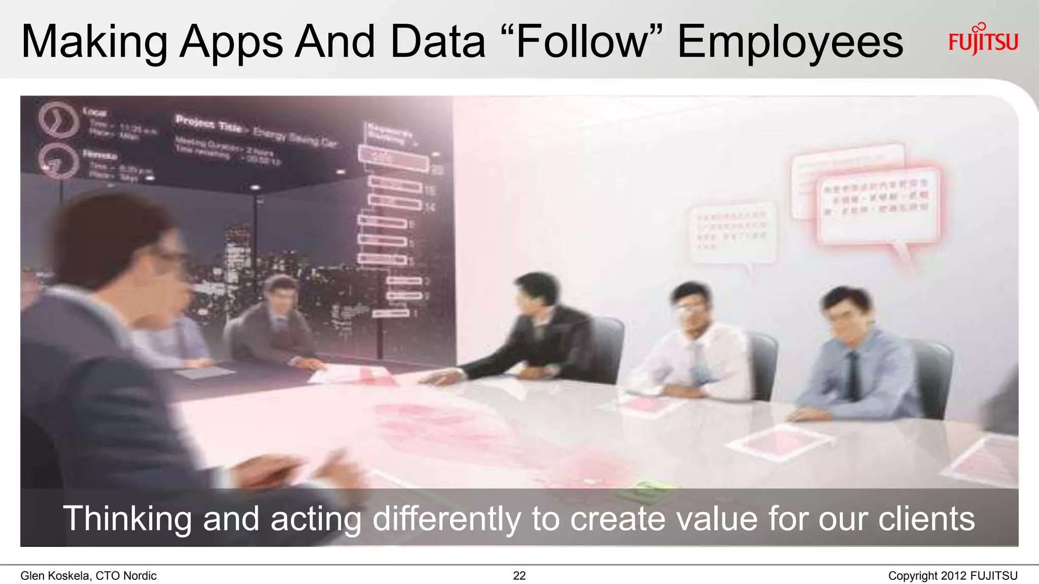 Making Apps And Data “Follow” Employees




       Thinking and acting differently to create value for our clients
Glen Koskela, CTO Nordic              22                       Copyright 2012 FUJITSU
 