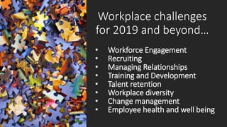 • Workforce Engagement
• Recruiting
• Managing Relationships
• Training and Development
• Talent retention
• Workplace diversity
• Change management
• Employee health and well being
 