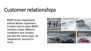 Customer relationships
BMW driver experience
school allows customers
to learn how to drive BMW
vehicles under different
conditions and creates,
just like the name says, an
‘experience’ second to
none.
 