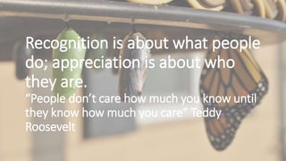Recognition is about what people
do; appreciation is about who
they are.
“People don’t care how much you know until
they know how much you care” Teddy
Roosevelt
 