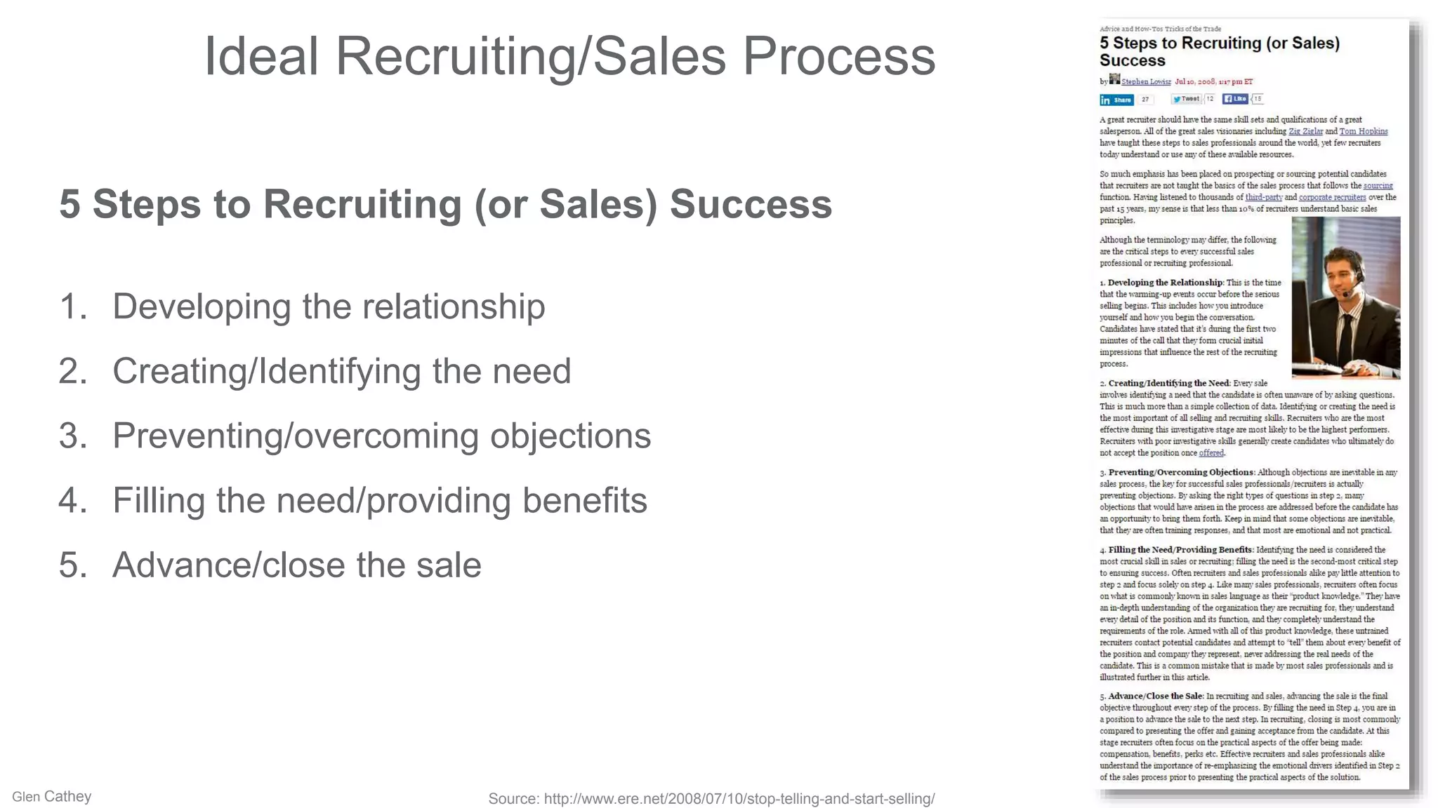 Ideal Recruiting/Sales Process
5 Steps to Recruiting (or Sales) Success
1. Developing the relationship
2. Creating/Identifying the need
3. Preventing/overcoming objections
4. Filling the need/providing benefits
5. Advance/close the sale
Source: http://www.ere.net/2008/07/10/stop-telling-and-start-selling/Glen Cathey
 