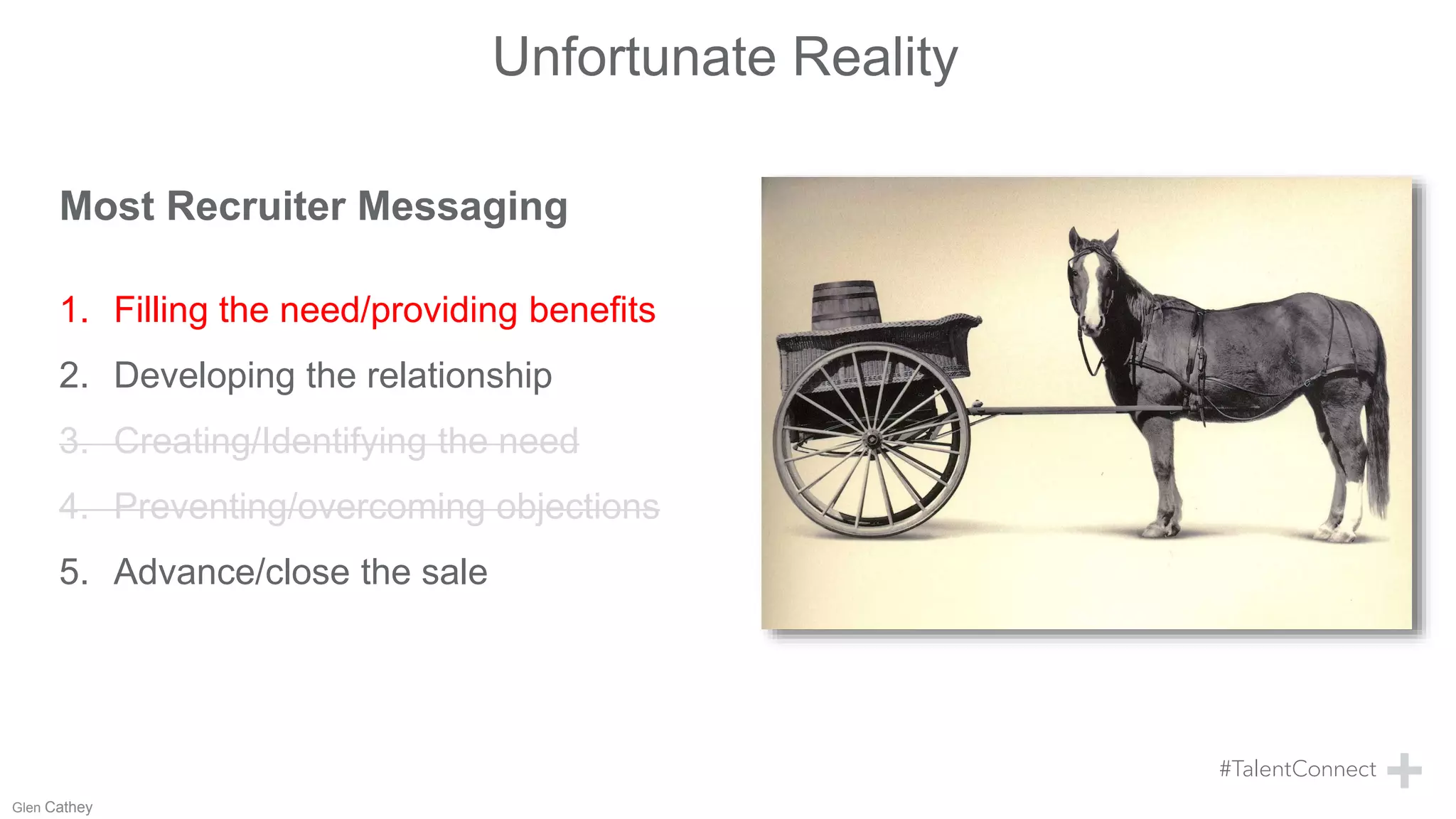 Most Recruiter Messaging
1. Filling the need/providing benefits
2. Developing the relationship
3. Creating/Identifying the need
4. Preventing/overcoming objections
5. Advance/close the sale
Unfortunate Reality
Glen Cathey
 