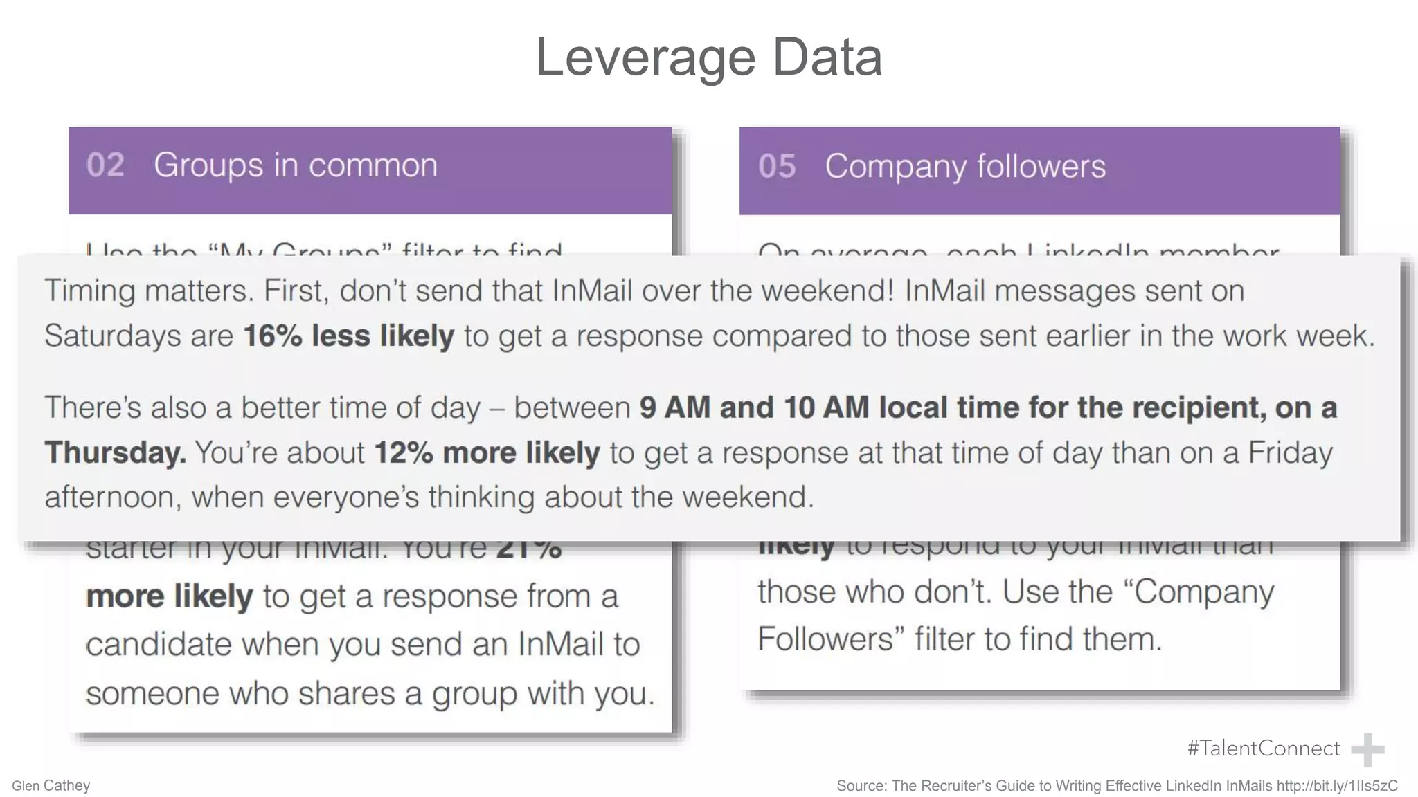 Leverage Data
Source: The Recruiter’s Guide to Writing Effective LinkedIn InMails http://bit.ly/1IIs5zCGlen Cathey
 