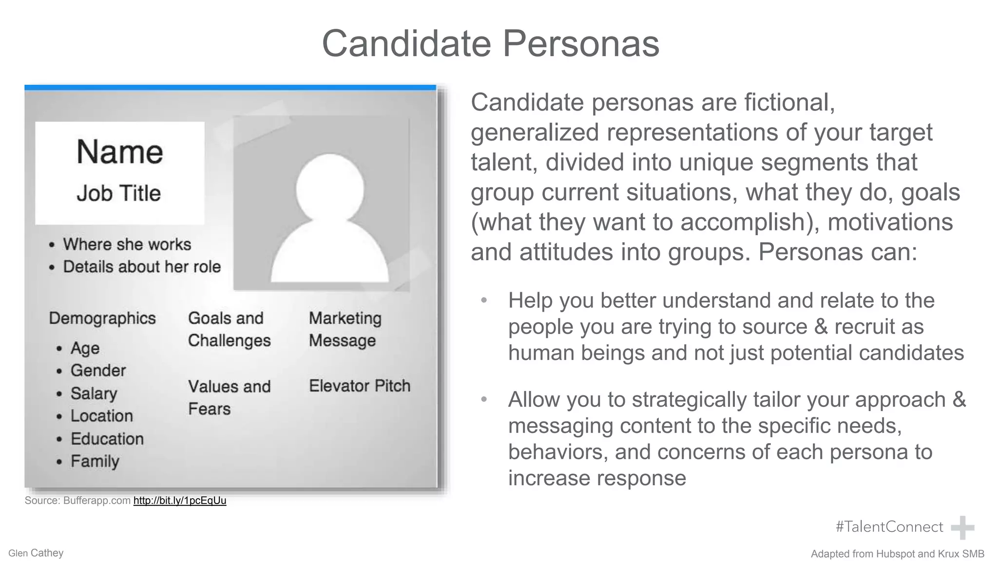Candidate personas are fictional,
generalized representations of your target
talent, divided into unique segments that
group current situations, what they do, goals
(what they want to accomplish), motivations
and attitudes into groups. Personas can:
• Help you better understand and relate to the
people you are trying to source & recruit as
human beings and not just potential candidates
• Allow you to strategically tailor your approach &
messaging content to the specific needs,
behaviors, and concerns of each persona to
increase response
Candidate Personas
Adapted from Hubspot and Krux SMB
Source: Bufferapp.com http://bit.ly/1pcEqUu
Glen Cathey
 