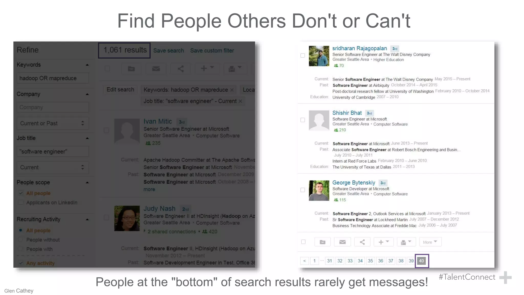 Find People Others Don't or Can't
People at the "bottom" of search results rarely get messages!
Glen Cathey
 