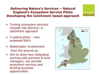 Delivering Nature’s Services – Natural England’s Ecosystem Service Pilots Developing the Catchment based approach Turning ecosystem services concept into delivery: A catchment approach 3 upland pilots – now proposed NIA’s Stakeholder involvement   from the ground up  Aim to show how integrated working with partners & land managers, can provide ecosystem services and farming business opportunities  