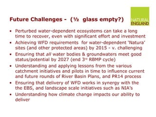 Future Challenges -  (½  glass empty?) Perturbed water-dependent ecosystems can take a long time to recover, even with significant effort and investment Achieving WFD requirements  for water-dependent ‘Natura’ sites (and other protected areas) by 2015 - v. challenging  Ensuring that  all  water bodies & groundwaters meet good status/potential by 2027 (end 3 rd  RBMP cycle) Understanding and applying lessons from the various catchment initiatives and pilots in time to influence current and future rounds of River Basin Plans, and PR14 process Ensuring that delivery of WFD works in synergy with the the EBS, and landscape scale initiatives such as NIA’s Understanding how climate change impacts our ability to deliver 