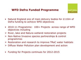 WFD Defra Funded Programme Natural England one of main delivery bodies for £110m of Defra funding to achieve WFD objectives 2010-11 Programme:  100+ Projects  across range of WFD objectives including River, lake and Natura wetland restoration projects Non-Native Invasive species partnerships & control programmes Restoration and research to improve TRaC water habitats  Diffuse Water Pollution plan development and action  Funding for Projects continues for 2012-2015 