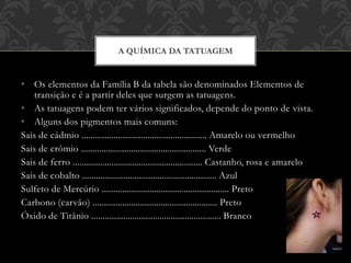 • Os elementos da Família B da tabela são denominados Elementos de
transição e é a partir deles que surgem as tatuagens.
• As tatuagens podem ter vários significados, depende do ponto de vista.
• Alguns dos pigmentos mais comuns:
Sais de cádmio ....................................................... Amarelo ou vermelho
Sais de crômio ....................................................... Verde
Sais de ferro ......................................................... Castanho, rosa e amarelo
Sais de cobalto ........................................................... Azul
Sulfeto de Mercúrio ........................................................ Preto
Carbono (carvão) ....................................................... Preto
Óxido de Titânio ......................................................... Branco
A QUÍMICA DA TATUAGEM
 