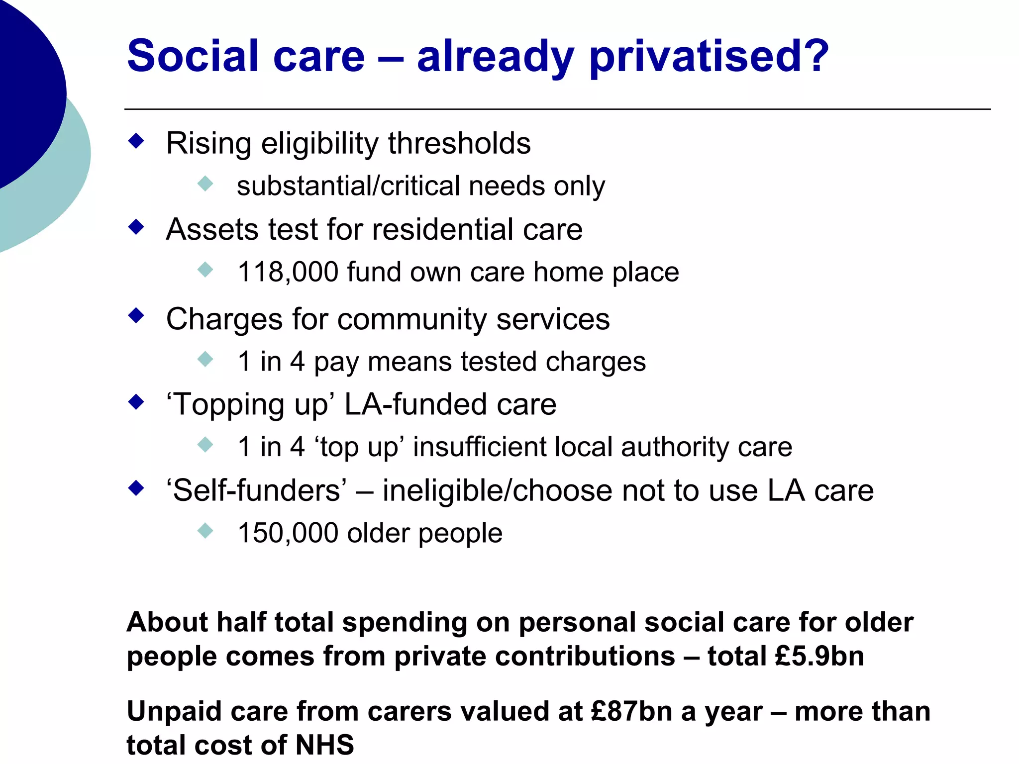 Social care – already privatised?
   Rising eligibility thresholds
         substantial/critical needs only
   Assets test for residential care
         118,000 fund own care home place
   Charges for community services
         1 in 4 pay means tested charges
   ‘Topping up’ LA-funded care
         1 in 4 ‘top up’ insufficient local authority care
   ‘Self-funders’ – ineligible/choose not to use LA care
         150,000 older people


About half total spending on personal social care for older
people comes from private contributions – total £5.9bn
Unpaid care from carers valued at £87bn a year – more than
total cost of NHS
 