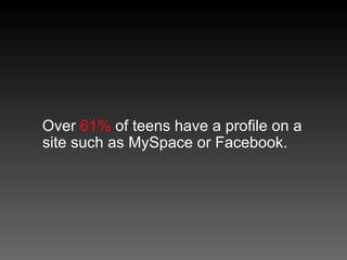 Over  61%  of teens have a profile on a site such as MySpace or Facebook. 