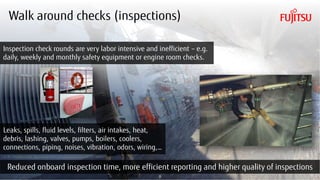 Copyright 2018 FUJITSU
Walk around checks (inspections)
Reduced onboard inspection time, more efficient reporting and higher quality of inspections
CC BY 2.0 photo credit: https://www.flickr.com/photos/cne-cna-c6f/29519988335/
Inspection check rounds are very labor intensive and inefficient – e.g.
daily, weekly and monthly safety equipment or engine room checks.
9
Leaks, spills, fluid levels, filters, air intakes, heat,
debris, lashing, valves, pumps, boilers, coolers,
connections, piping, noises, vibration, odors, wiring,…
 